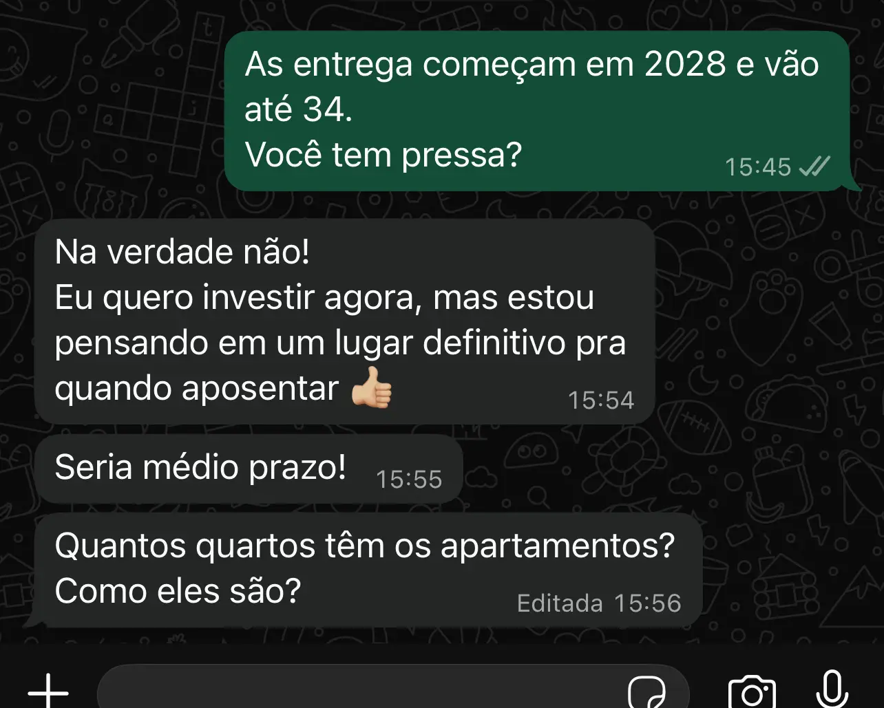 Print de conversa no WhatsApp demonstrando visão de longo prazo de investidor