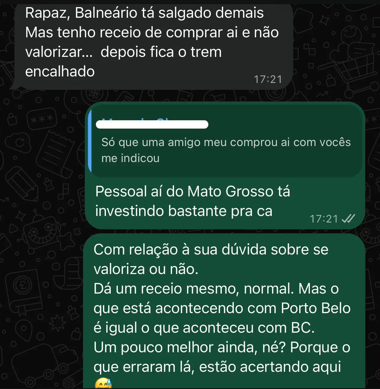 Print de conversa no WhatsApp abordando a força da escassez e liquidez do imóvel